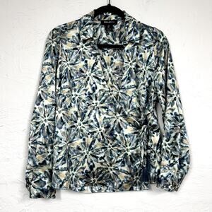 Bailey 44 Green Blue Starburst Print Wrap Blouse Women’s L Luxury Satin Shirt
